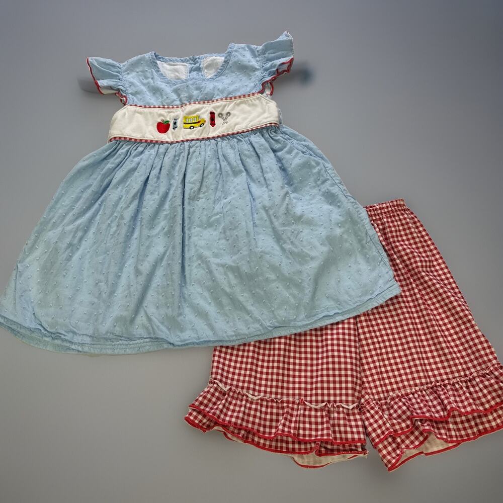 Back To School Smocked Blue Cotton Dress Matching Shorts 2pc Girls Size 8 Bus